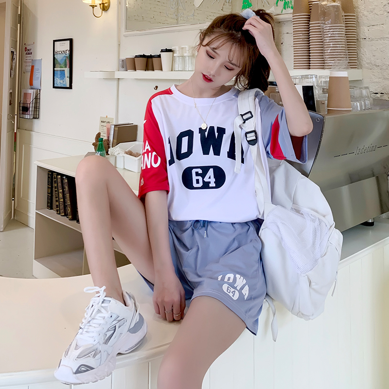 Real shot cotton T-shirt suit women's 2021 summer Korean loose short sleeve shorts casual two piece suit