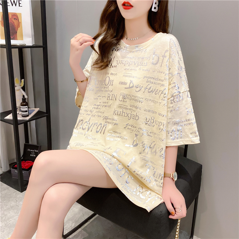 Real shot pure cotton summer loose medium length shiny large short sleeve T-shirt women's net red dress