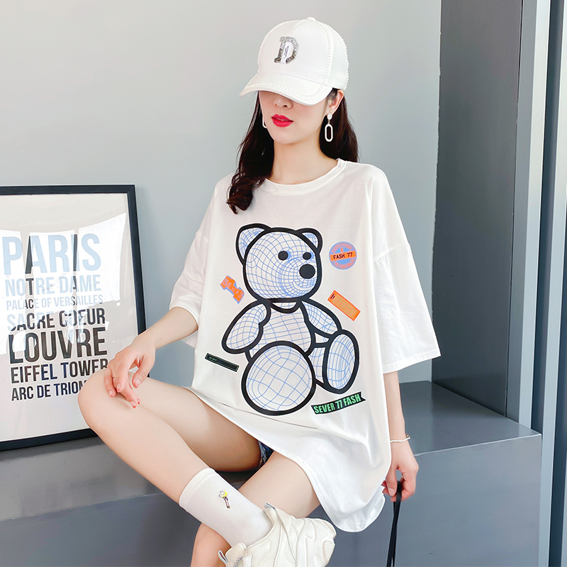 Real shot pure cotton T-shirt women's loose medium length short sleeve Korean summer fashion brand