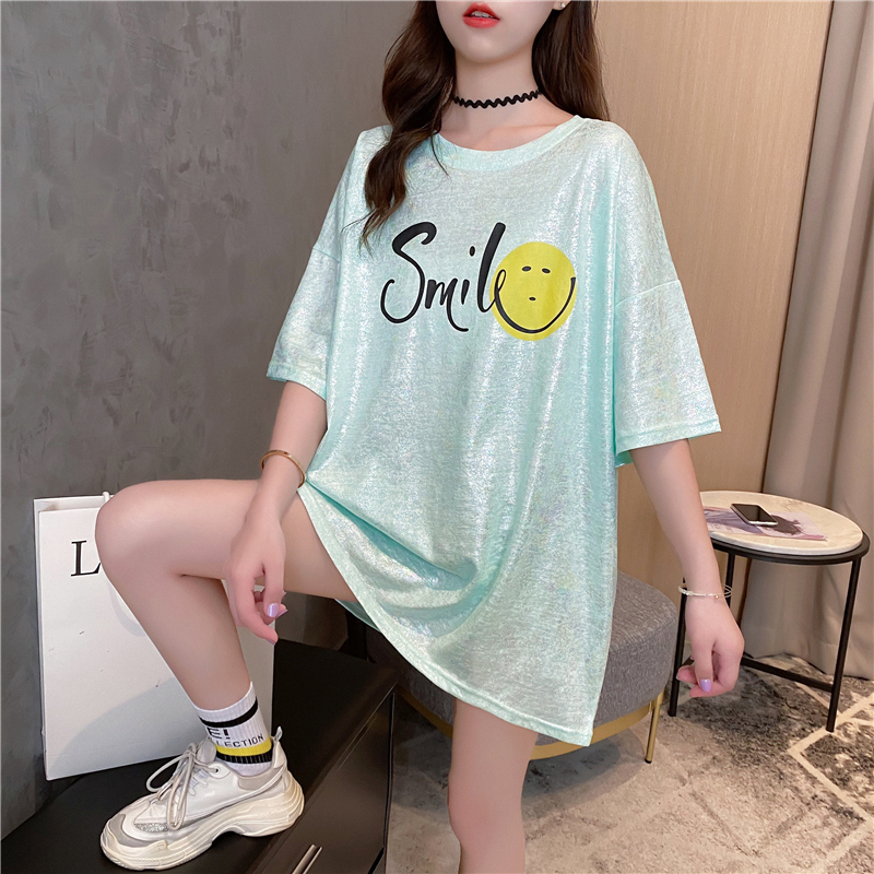 Real shot pure cotton summer loose medium length shiny print large short sleeve T-shirt women's net red dress