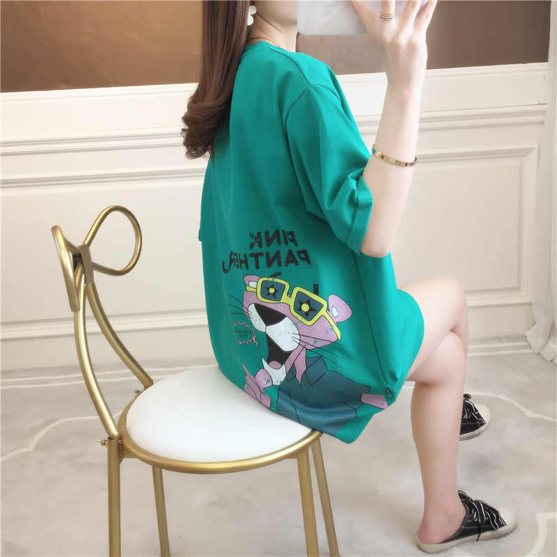 Real shot cotton summer new loose medium length front and back printed large round neck short sleeve T-shirt women's net red