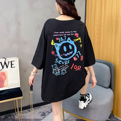 Real shot cotton t-shirt female short sleeve Korean version lazy wind loose mid long 2021 summer new student