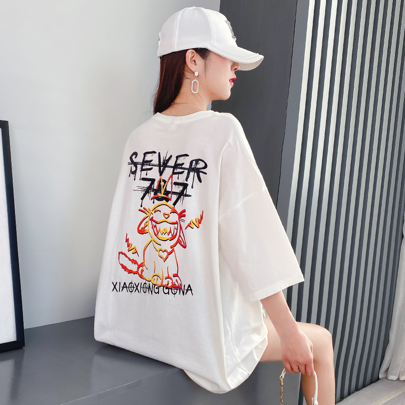 Real shot pure cotton T-shirt women's loose short sleeve mid long summer Korean new fashion brand