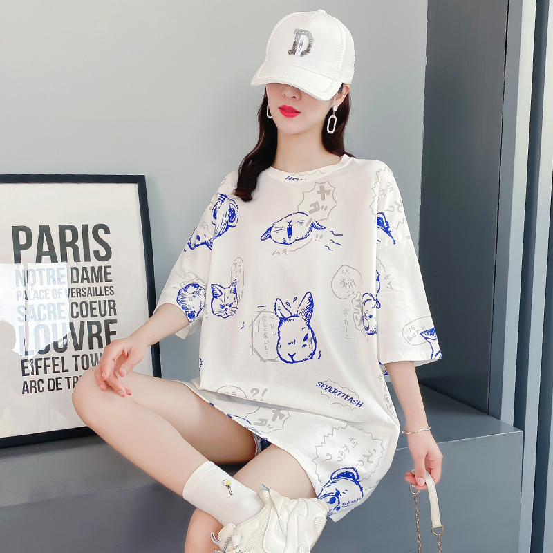 Original real shot cotton short sleeve T-shirt women's mid long loose fried Street Korean summer fashion brand top