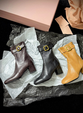 25早秋新款小众设计感复古方头粗跟短靴女酷飒时髦真皮气质高跟鞋