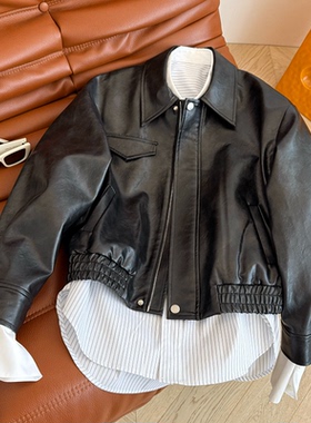 25早秋老钱风两件套小众设计感复古机车风皮衣夹克外套+廓形衬衣