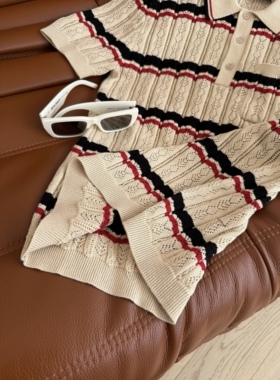 Asako2025春夏新款条纹针织短袖POLO衫T恤女超好看翻领上衣