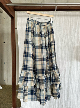 Asako 2025春夏新款美式复古格子半身裙女度假风褶皱宽松百搭
