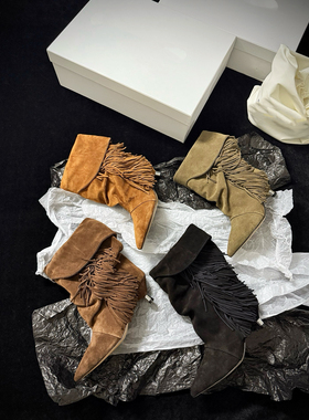 2025秋冬新款松弛时髦感尖头流苏绒面短靴女复古西部牛仔靴