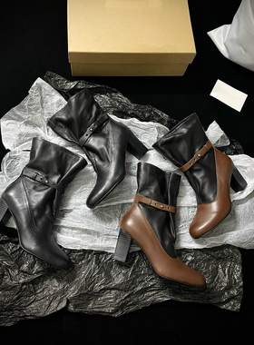 25秋冬新款Lemai*小众设计感复古粗跟铆钉显瘦短筒堆堆靴真皮短靴