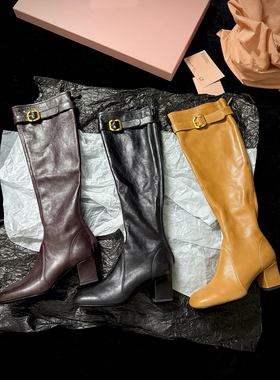 25秋冬小众设计感复古皮带扣粗跟真皮长靴圆头厚底高筒骑士靴女