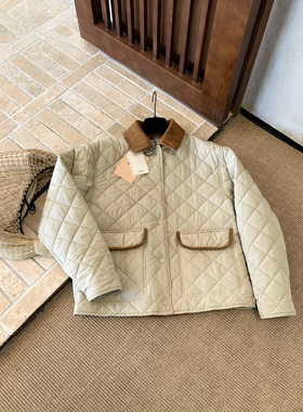 25秋冬新款欧美简约设计感复古菱格翻领撞色刘雯同款小外套棉衣