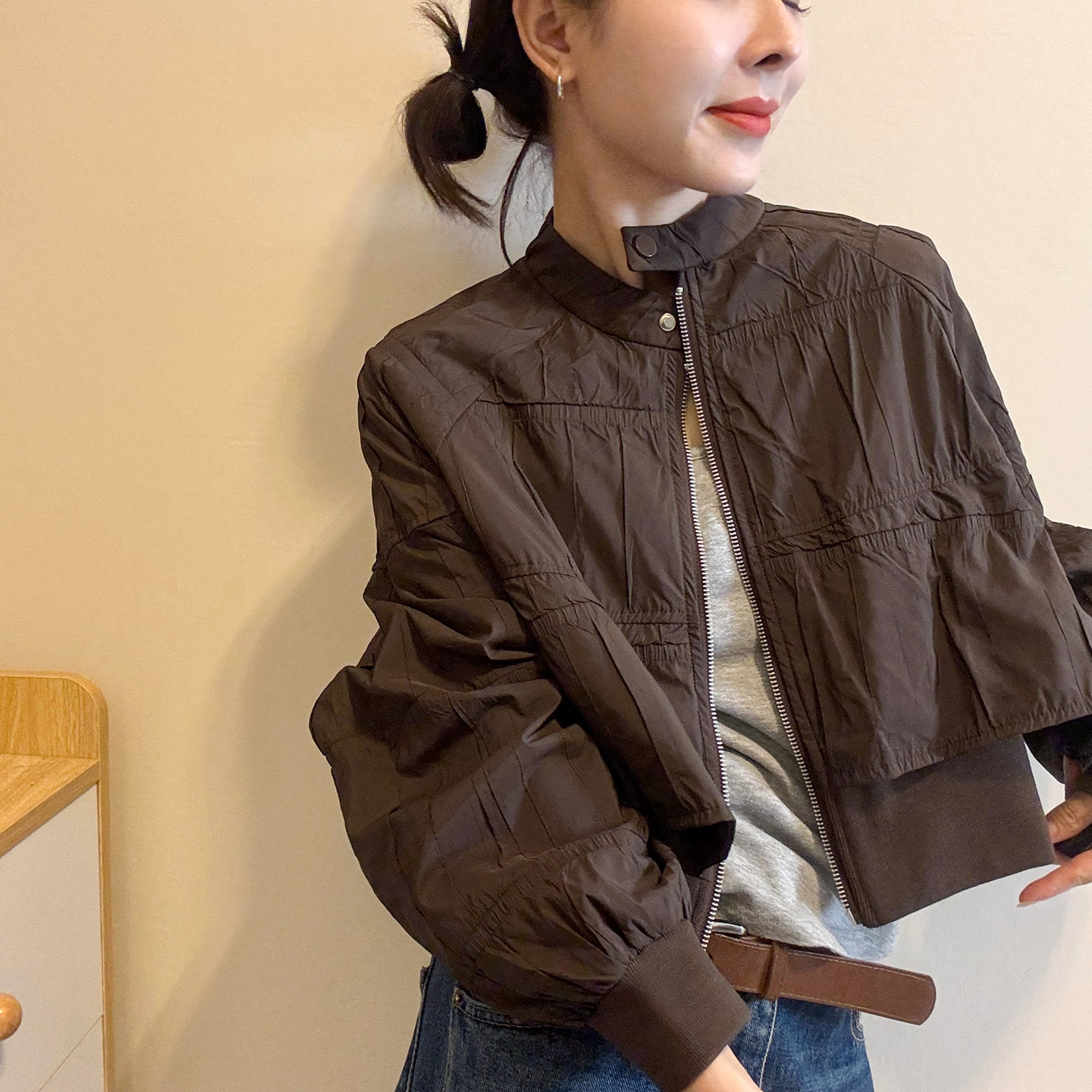 假两件立领棒球服外套女欧货夹克