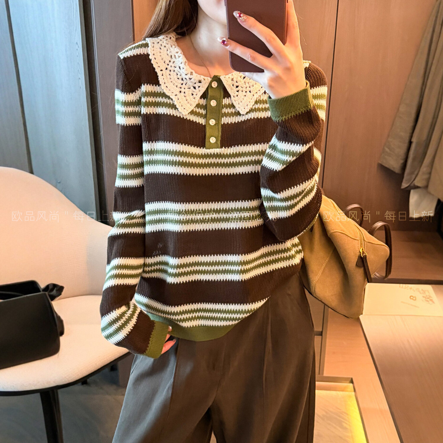 钩花POLO领绵羊毛桑蚕丝女欧洲站