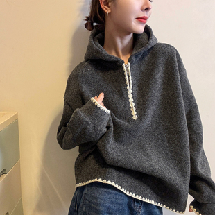 加厚上衣潮 欧货女装 复古连帽羊毛呢加绒卫衣女欧洲站2025冬装 新款