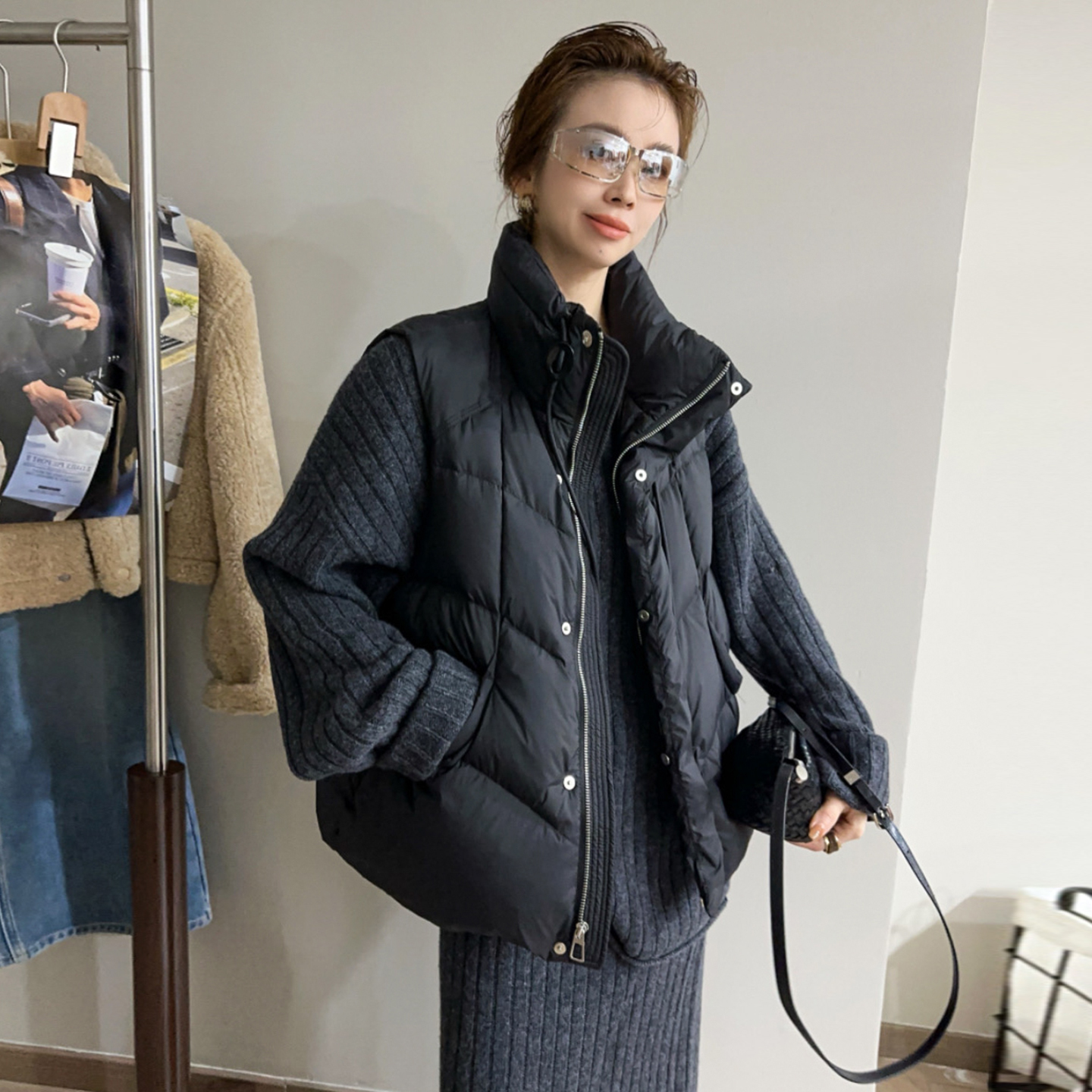 复古立领面包羽绒服马甲女欧洲站