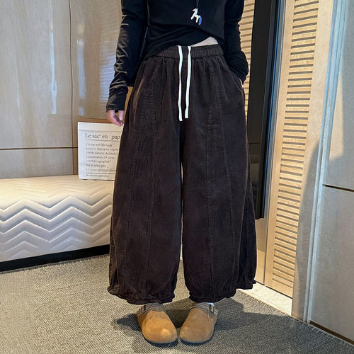 复古花边灯芯绒阔腿裤女欧洲站潮