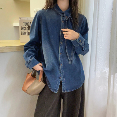 复古系带磨毛加绒牛仔衬衫女欧货