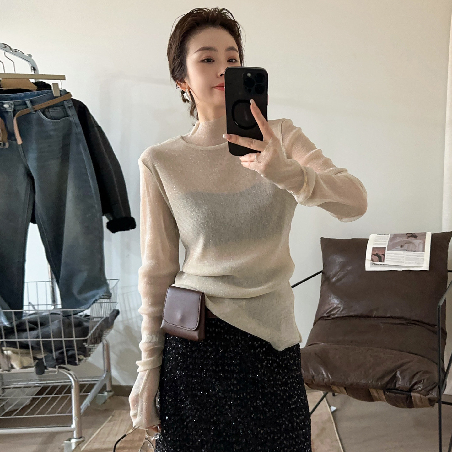 小半高领网纱亮丝衬衫女欧洲站2025冬装新款欧货女装时尚打底衫潮,女装/女士精品,衬衫,淘宝优惠券,粉丝福利购,淘宝优惠卷