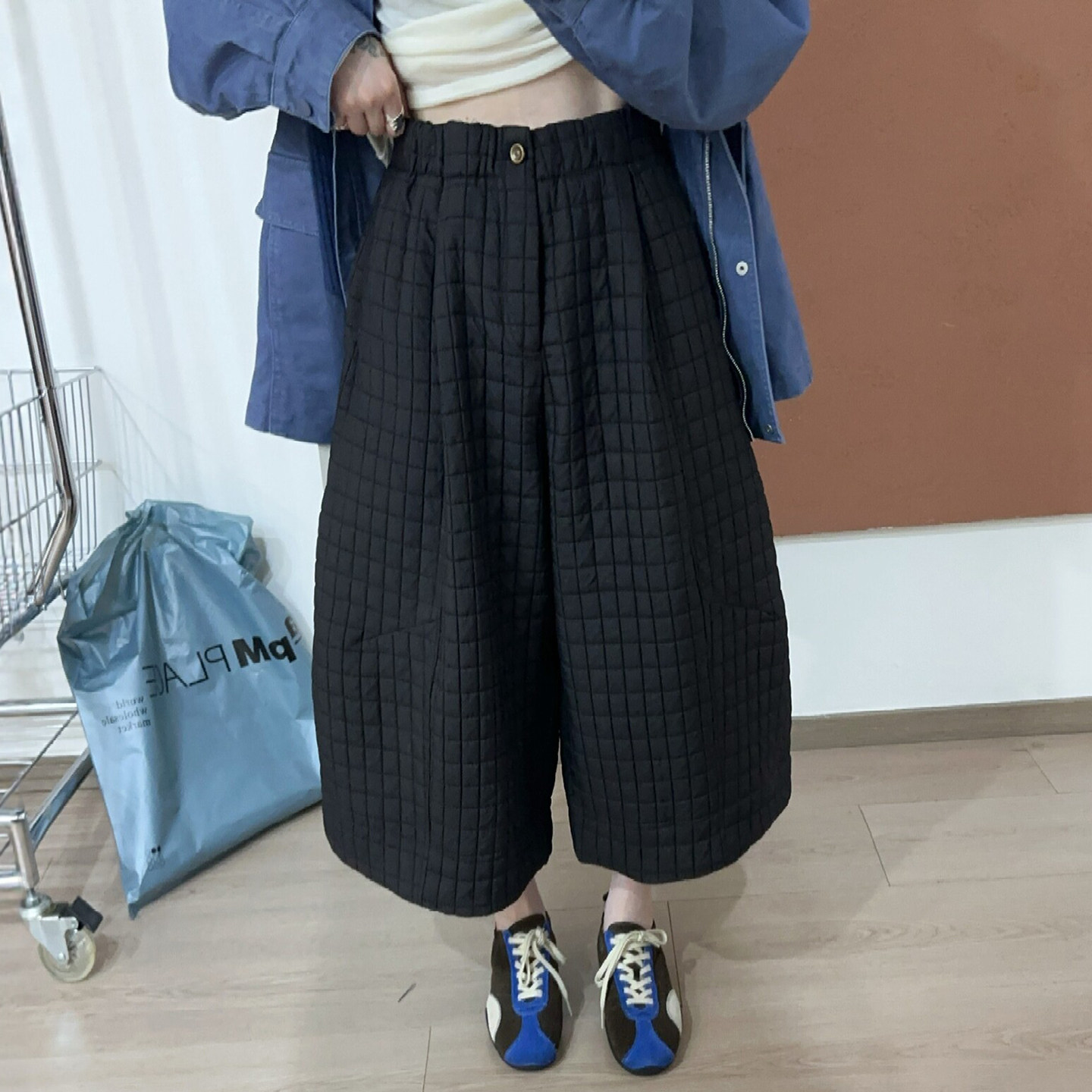 复古压格加厚八分阔腿裤女欧洲站