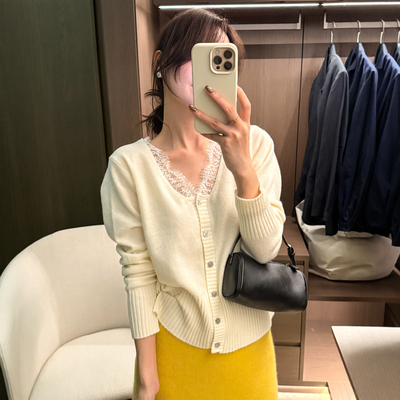 蕾丝睫毛羊毛针织开衫女欧货打底