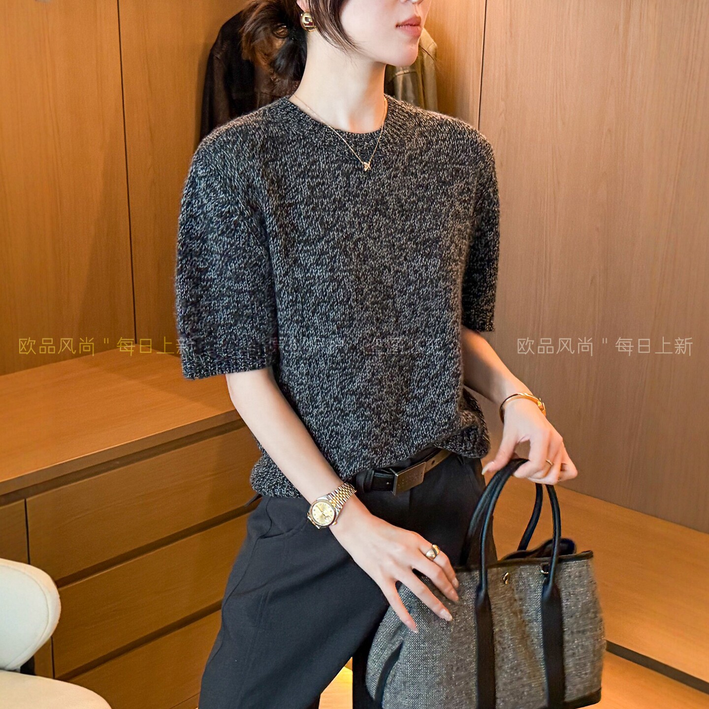 杂线绵羊毛泡泡袖针织衫女欧洲站