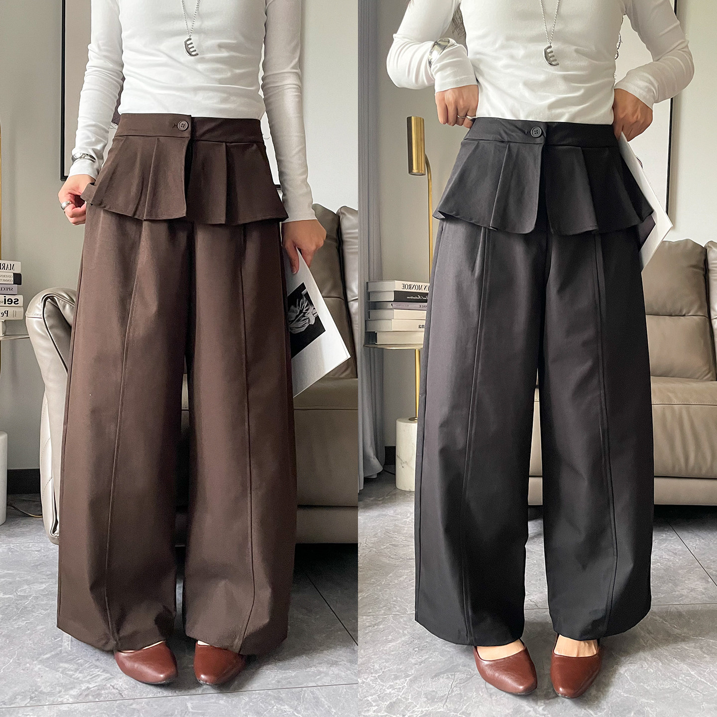 假两件屁帘拖地阔腿裤女欧洲站潮