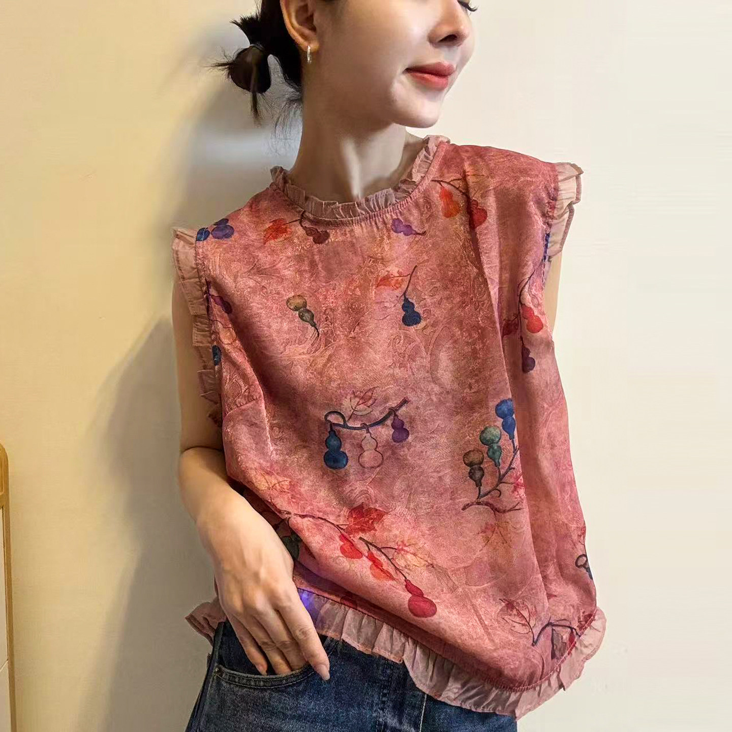 木耳边葫芦印花无袖衬衫女欧洲站