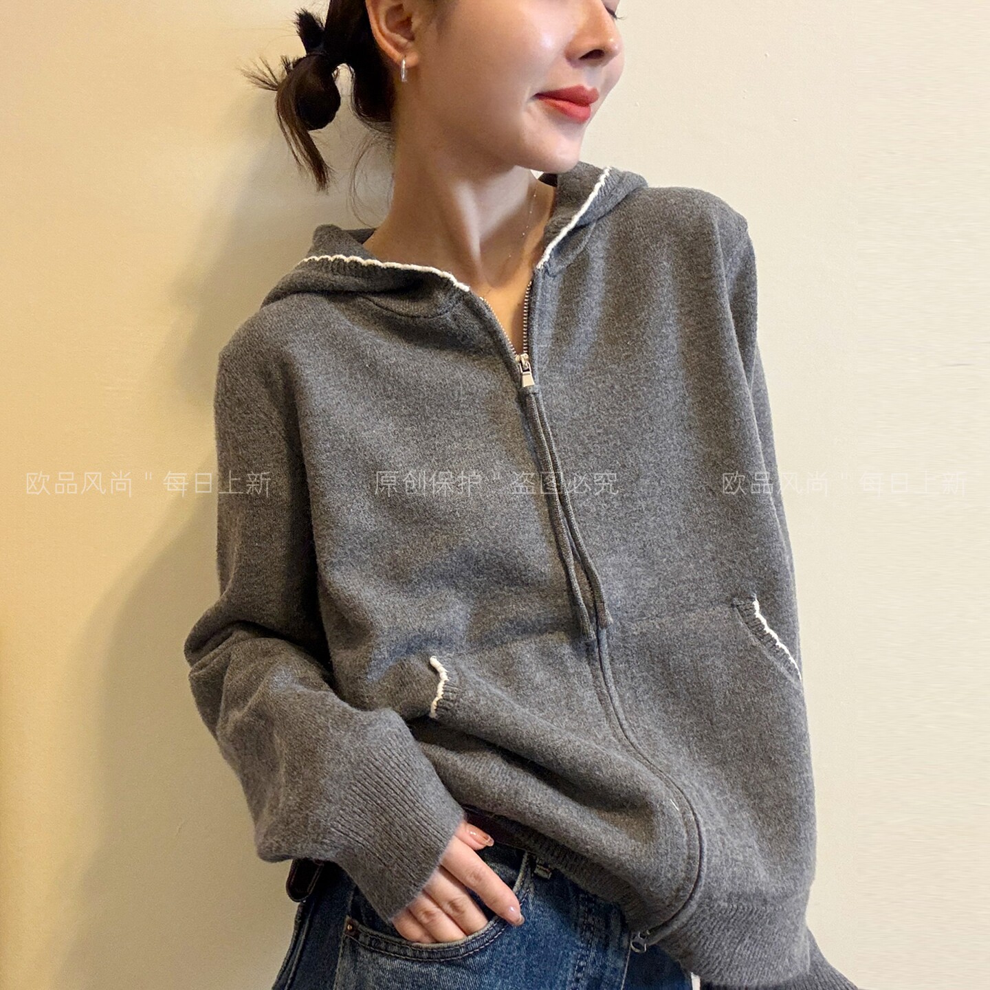 抽绳连帽针织开衫毛衣外套女欧货