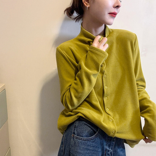 打底小衫 欧货女装 潮 新款 不规则纽扣高领德绒卫衣女欧洲站2025冬装