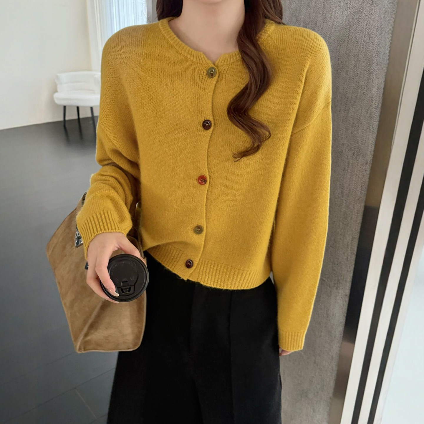 彩色纽扣羊驼绒针织开衫女欧洲站