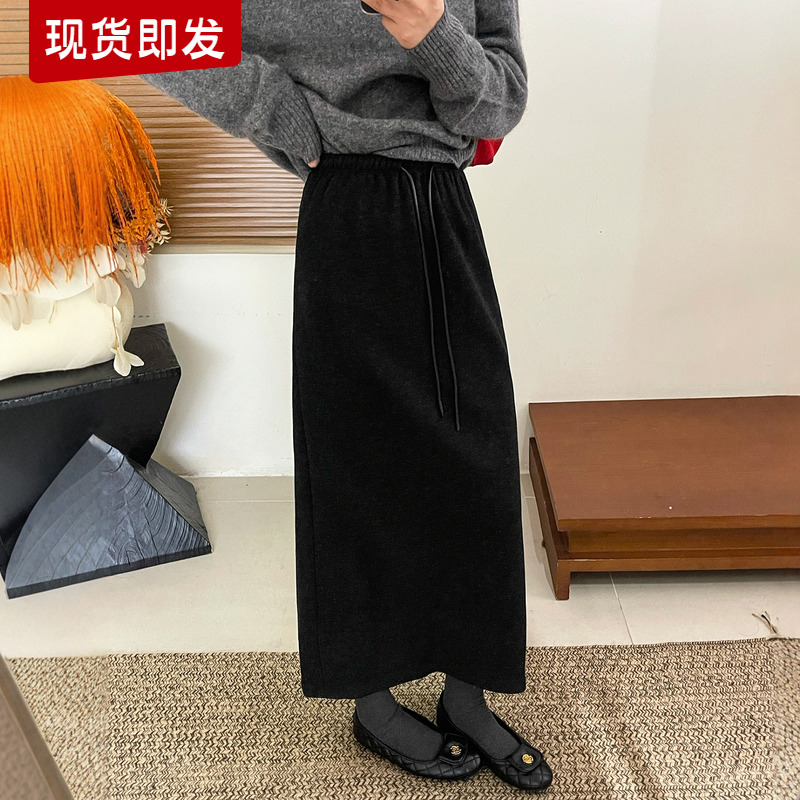 抽绳系带羊毛呢加绒半身裙女欧货