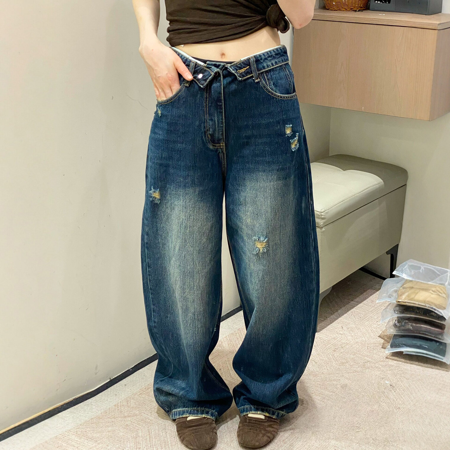 复古破洞弯刀阔腿牛仔裤女欧洲站