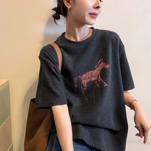 小马刺绣磨毛短袖T恤女欧洲站2025冬装新款欧货女装时尚打底衫潮