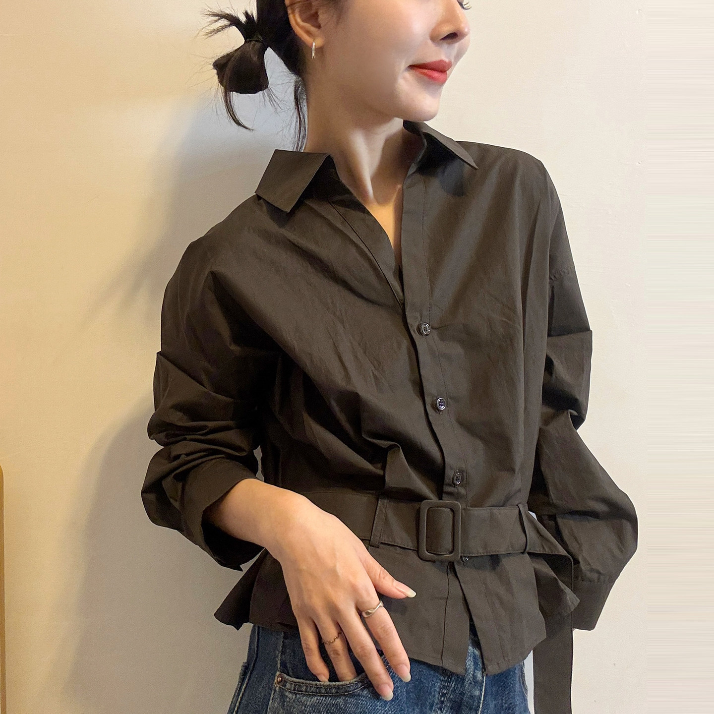 配腰带POLO领收腰衬衫女欧货上衣