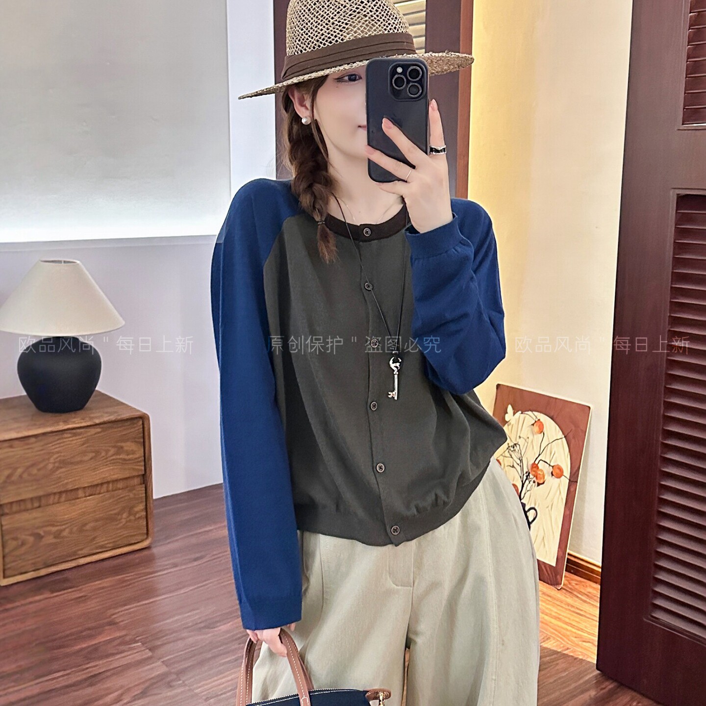 撞色插肩袖绵羊毛针织开衫女欧货