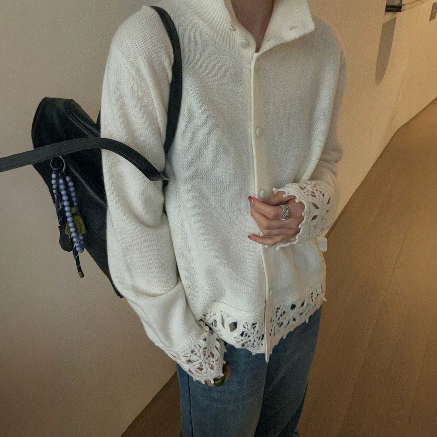 重工镂空钩花细羊毛针织开衫欧货