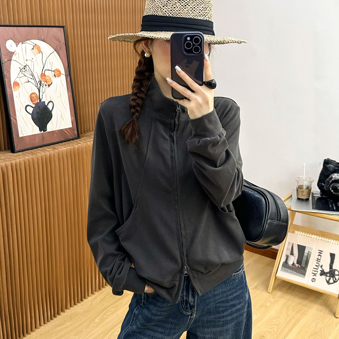 复古立领卫衣开衫短外套女欧洲站