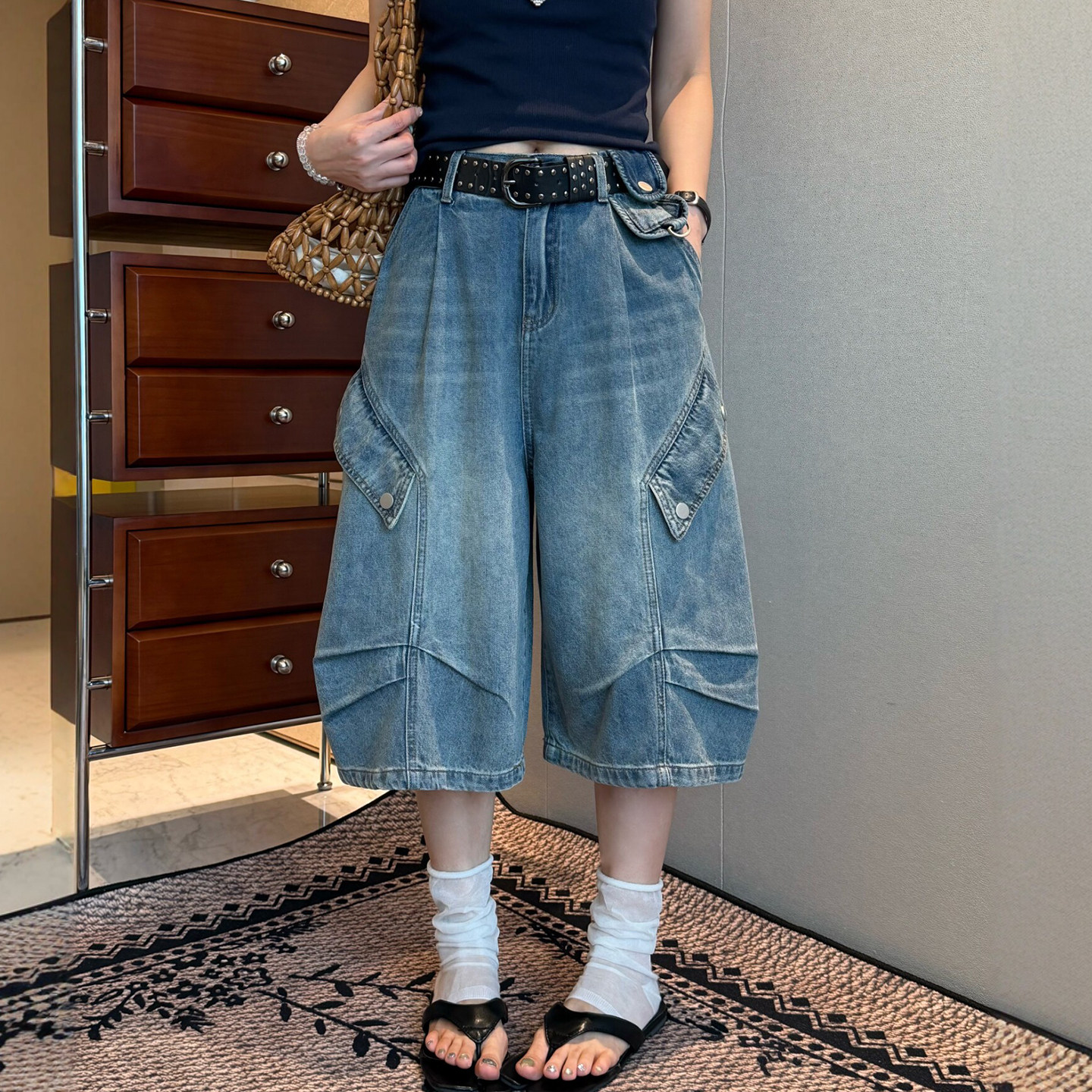 复古工装七分阔腿牛仔裤女欧洲站2026夏装新款欧货女装时尚中裤潮