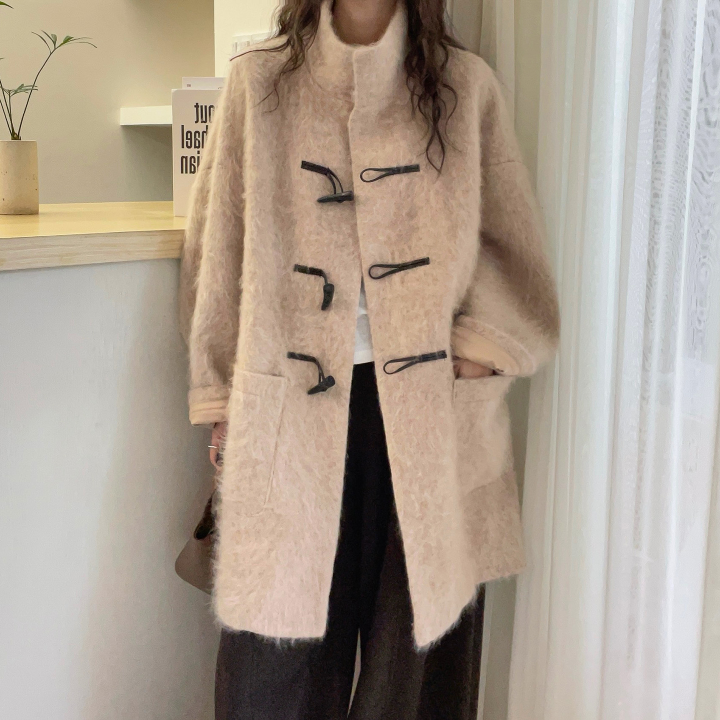 牛角扣双面羊绒大衣女欧洲站外套