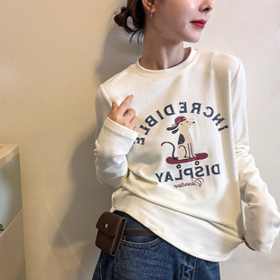 打底衫 狗狗字母印花磨毛T恤女欧洲站2025冬装 时尚 欧货女装 潮 新款
