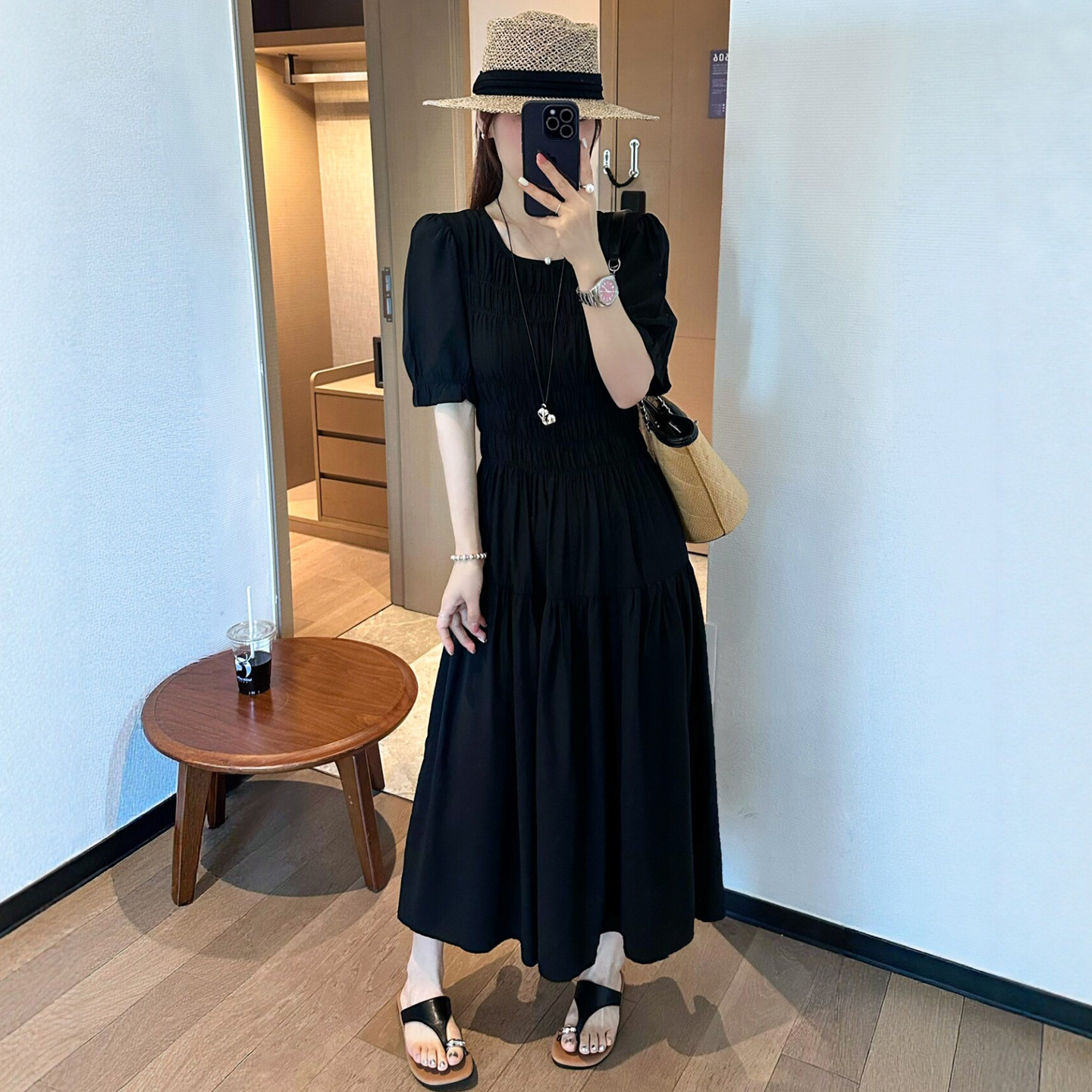 泡泡袖褶皱收腰连衣裙女欧洲站潮