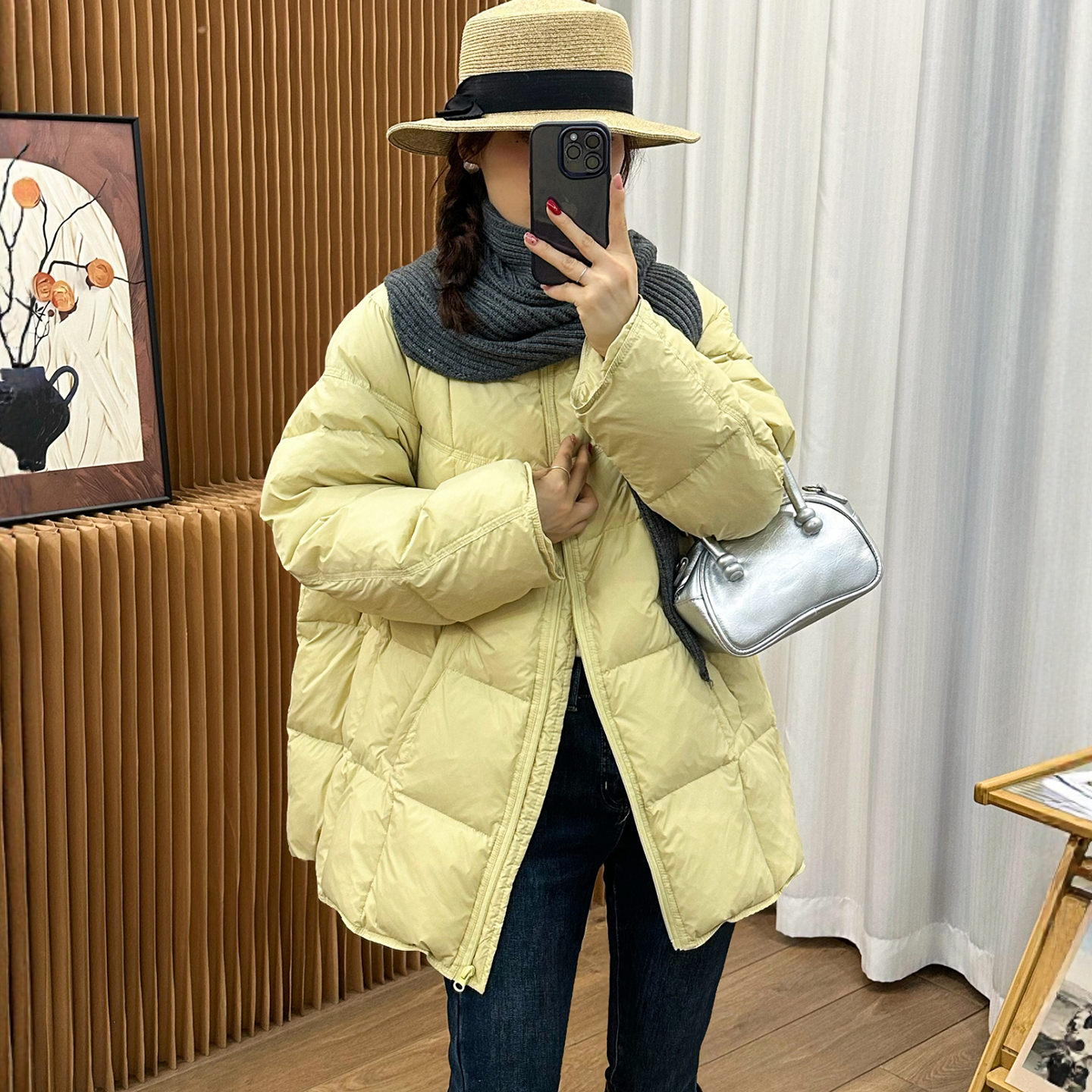 配围巾棒球领羽绒服外套女欧洲站