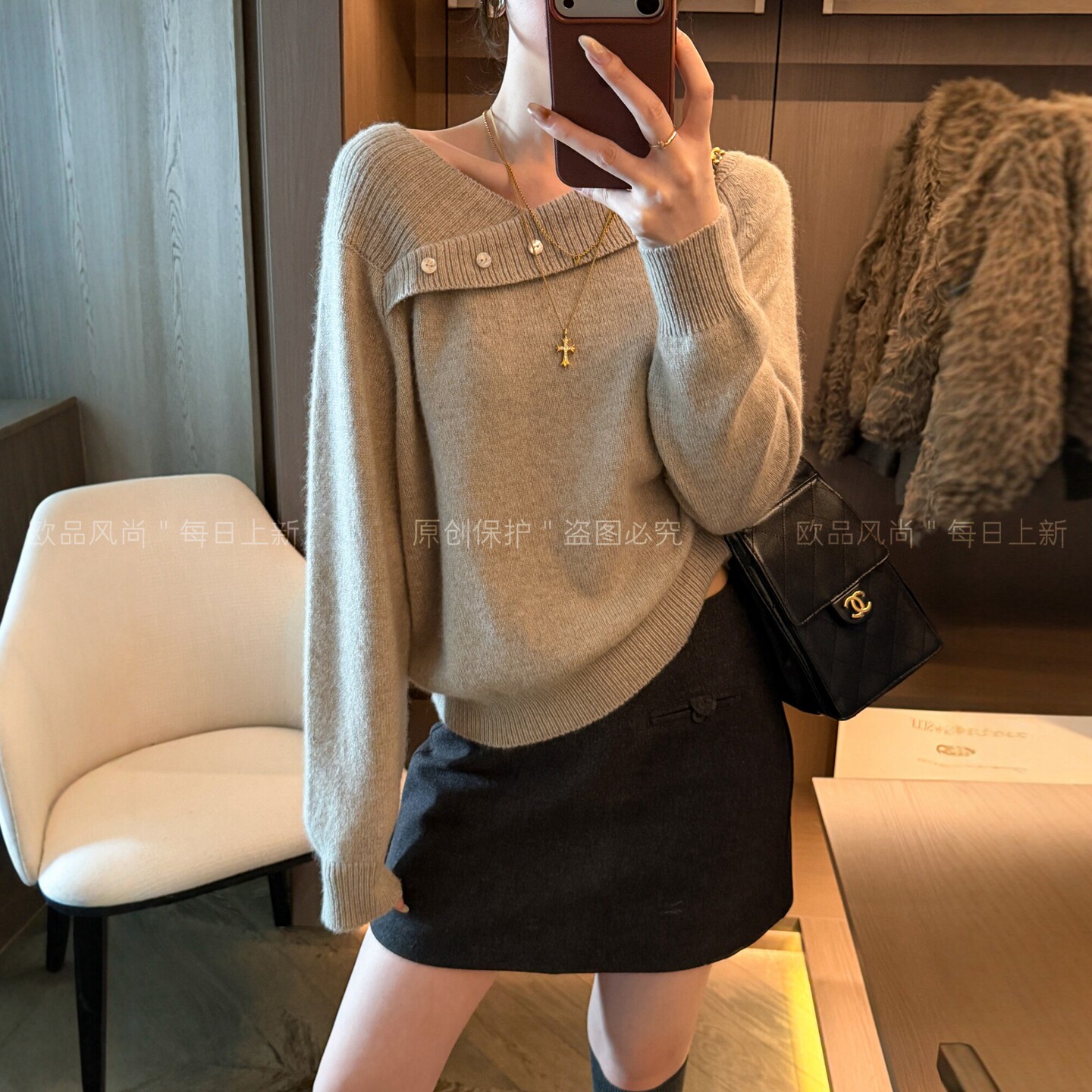 纽扣拼接绵羊毛针织衫女欧货毛衣