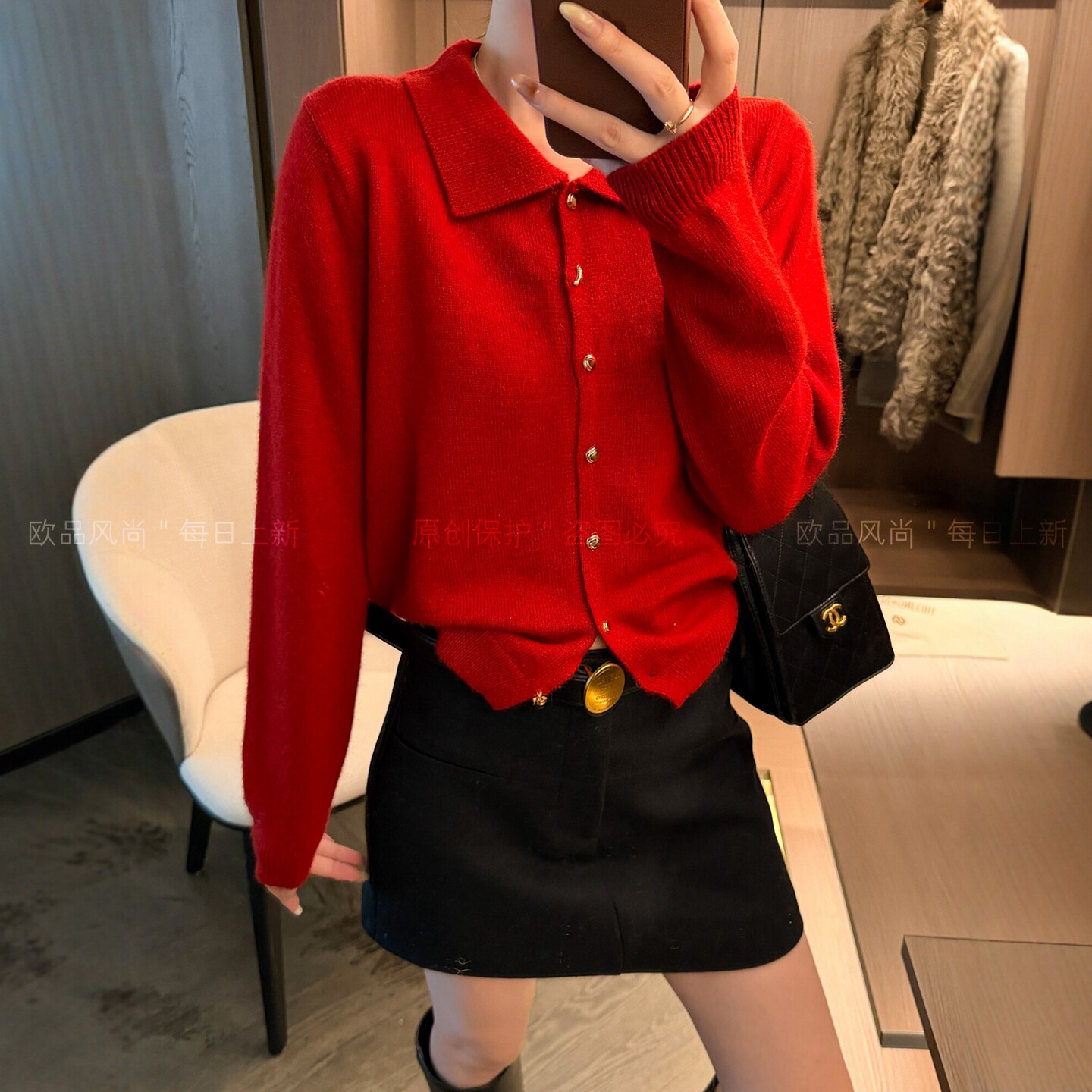 小金扣POLO领绵羊毛针织开衫女潮