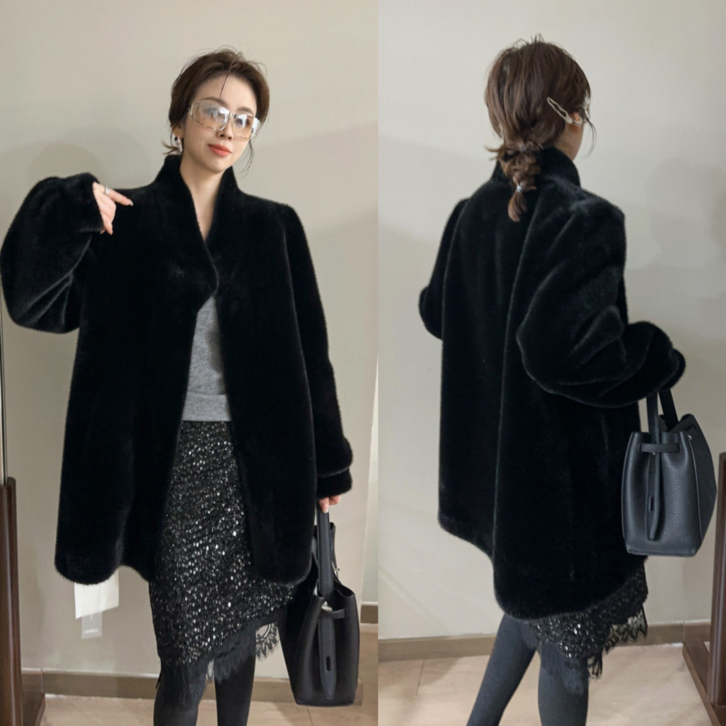 环保水貂毛皮毛一体皮草外套女欧洲站2025冬装新款欧货女装上衣潮