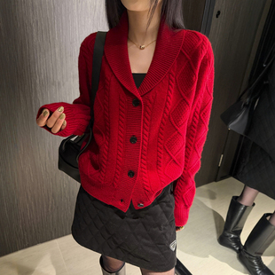 复古麻花纹羊绒针织开衫女欧洲站2025冬装新款欧货女装毛衣外套潮