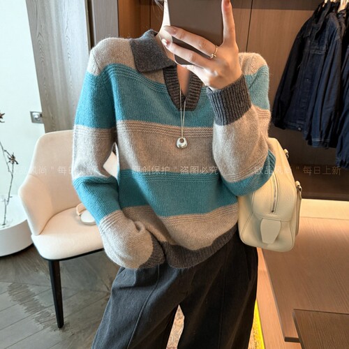 POLO领条纹绵羊毛针织衫女欧洲站