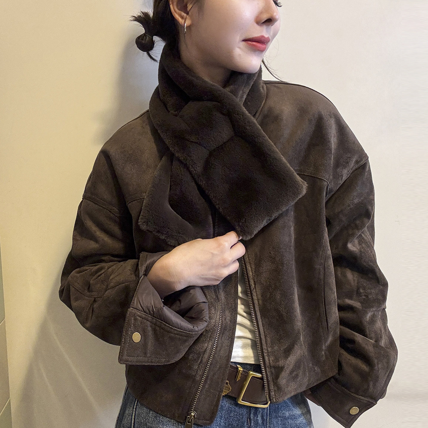 配毛领麂皮绒羽绒服外套女欧洲站2025冬装新款欧货女装短款上衣潮