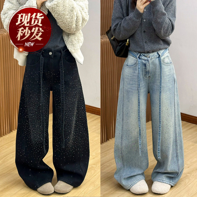 重工烫钻拖地加绒牛仔裤女欧洲站2025冬装新款欧货女装阔腿裤子潮